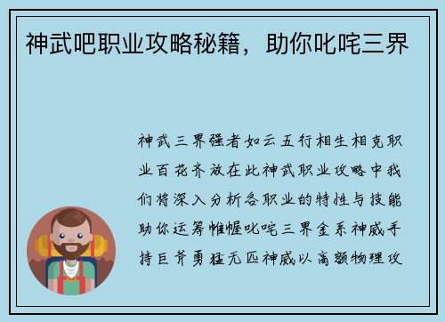 神武吧职业攻略秘籍，助你叱咤三界